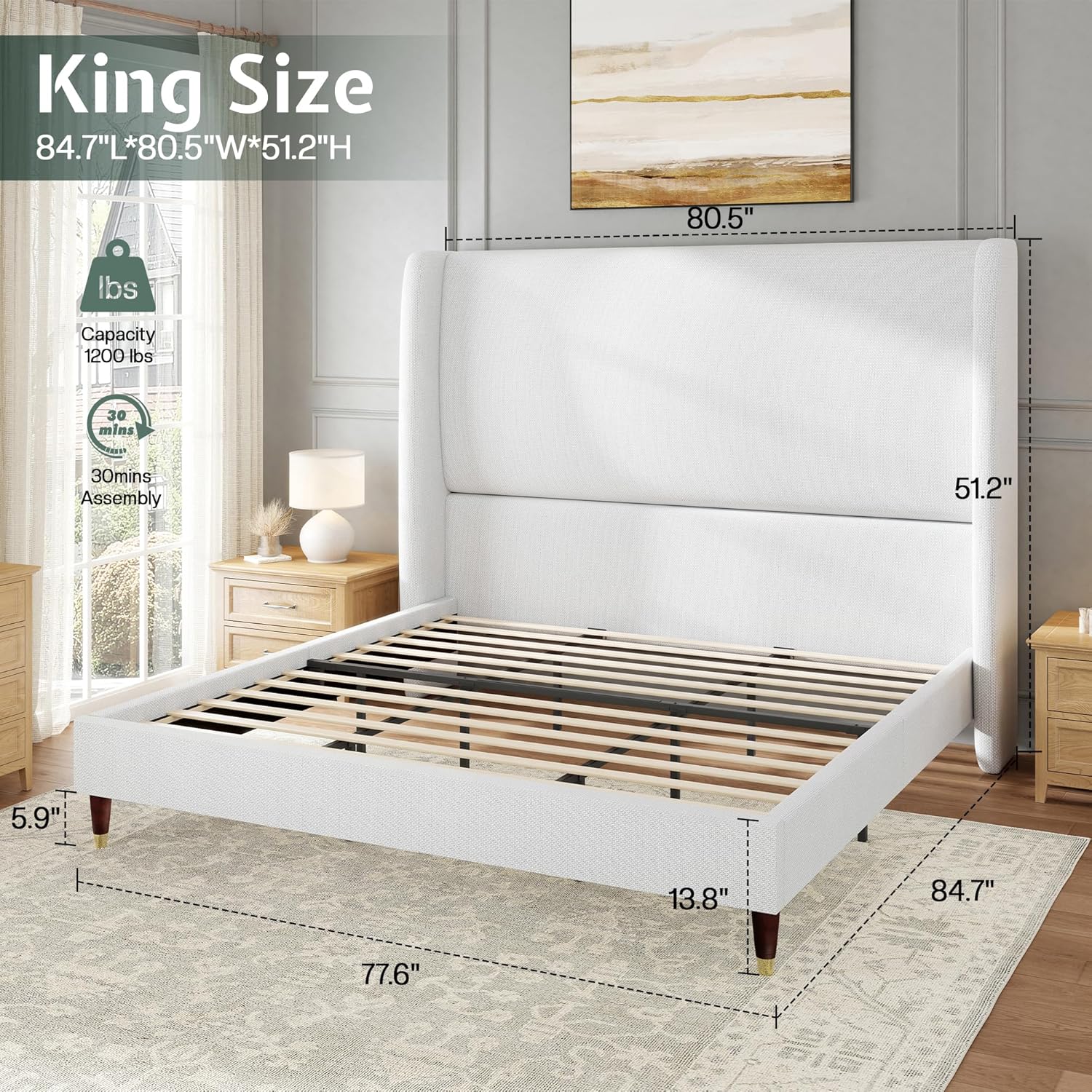 Jocisland King Upholstered Platform Bed Frame with 51.2 Tall Wingback Headboard–Solid Wood Legs, No Box Spring Needed, White Linen–Modern Style for Any Bedroom