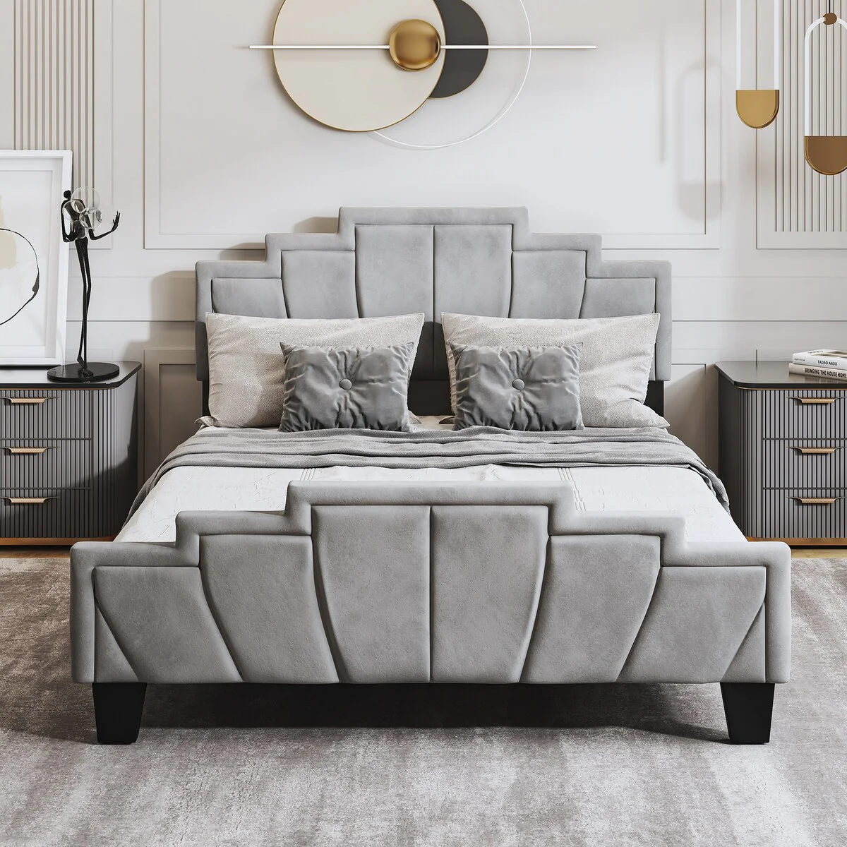 Queen Liftable Scallop Upholstered Headboard Platform Bed Frame