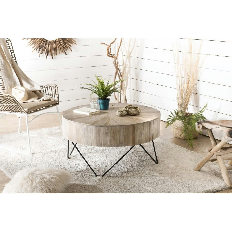 LALY - Table basse ronde nature plateau en teck pieds épingles métal noir D90