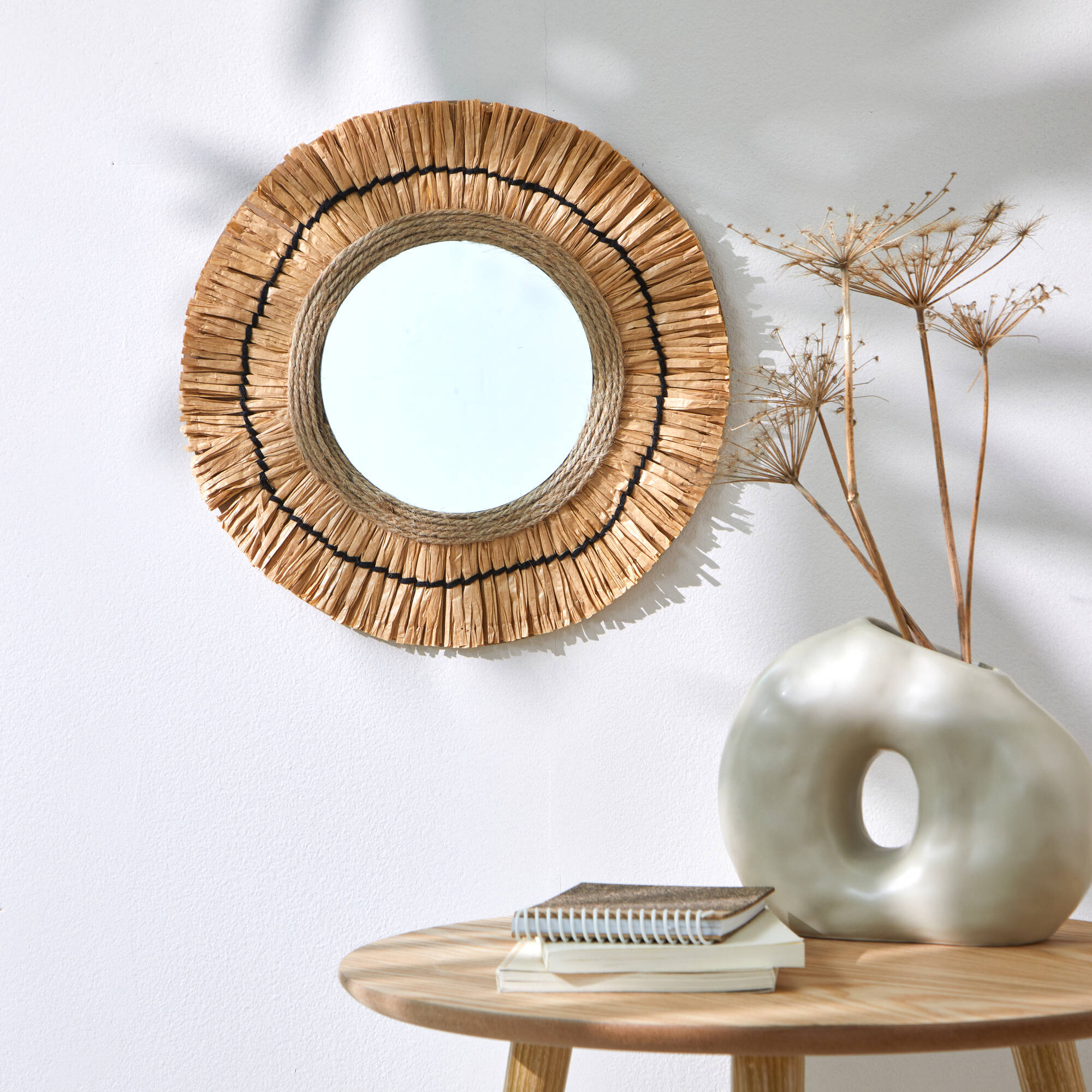 Miroir mural rond effet raphia
