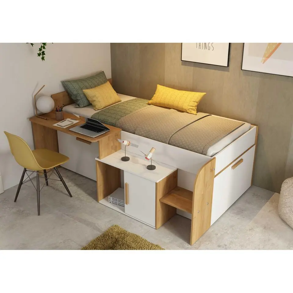 Halfhoogslaper Sacha met bureau - 206x135x90 cm - Wit/eik