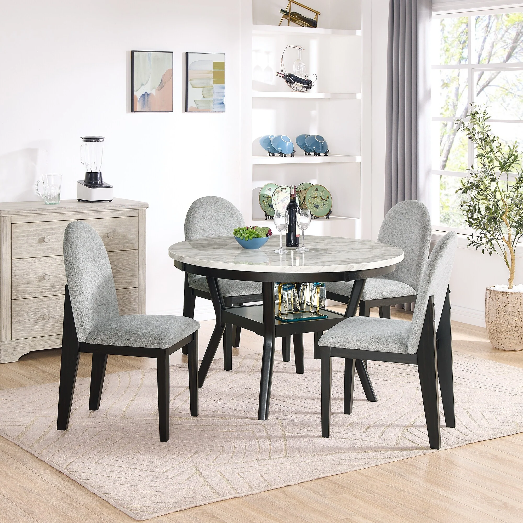 5-Piece Wooden Dining Table Set with Faux Marble Top & 4 Chairs