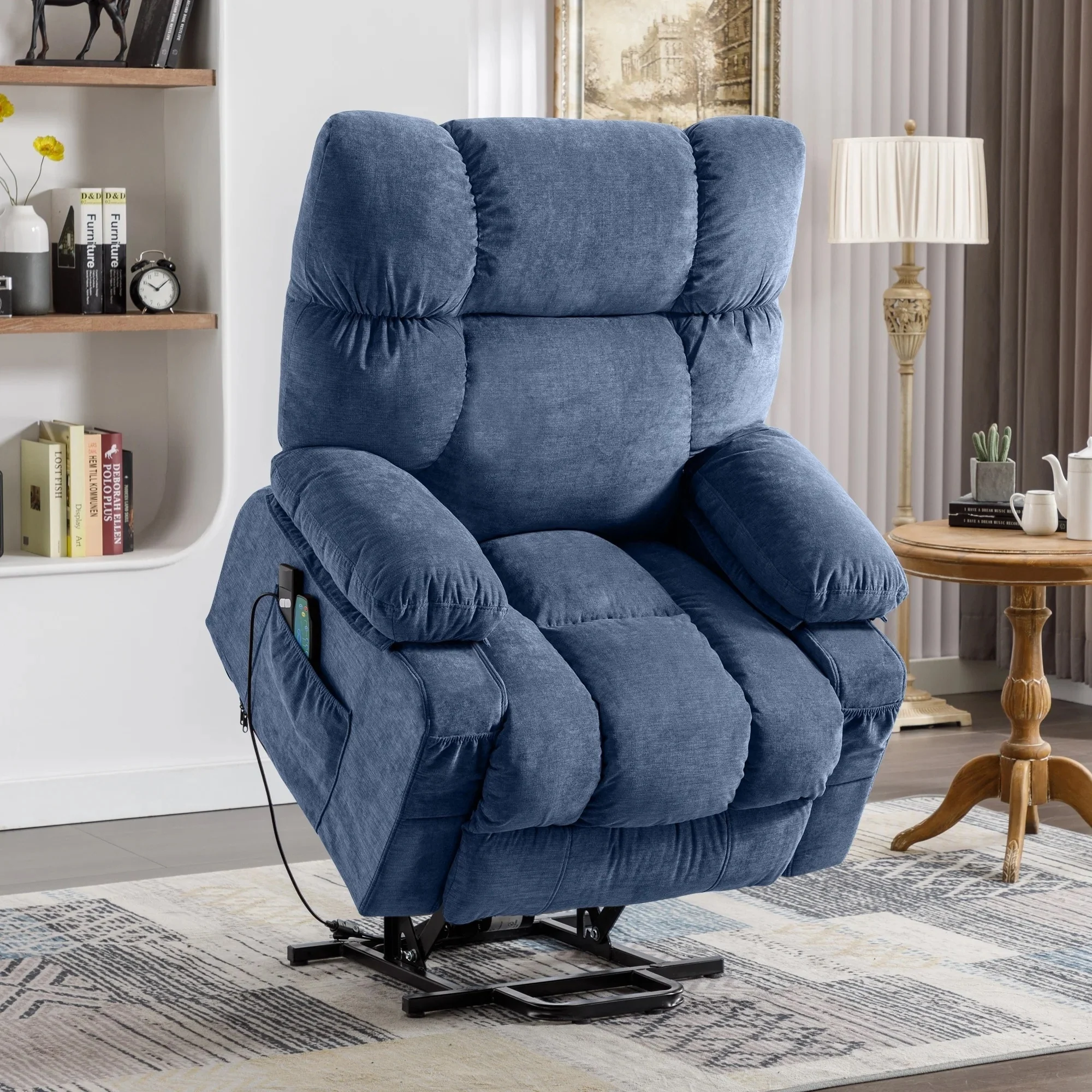 Blue Electric Power Lift Recliner Chair with Heat, Massage, Infinite Reclining Positions, USB Ports & Side Pockets