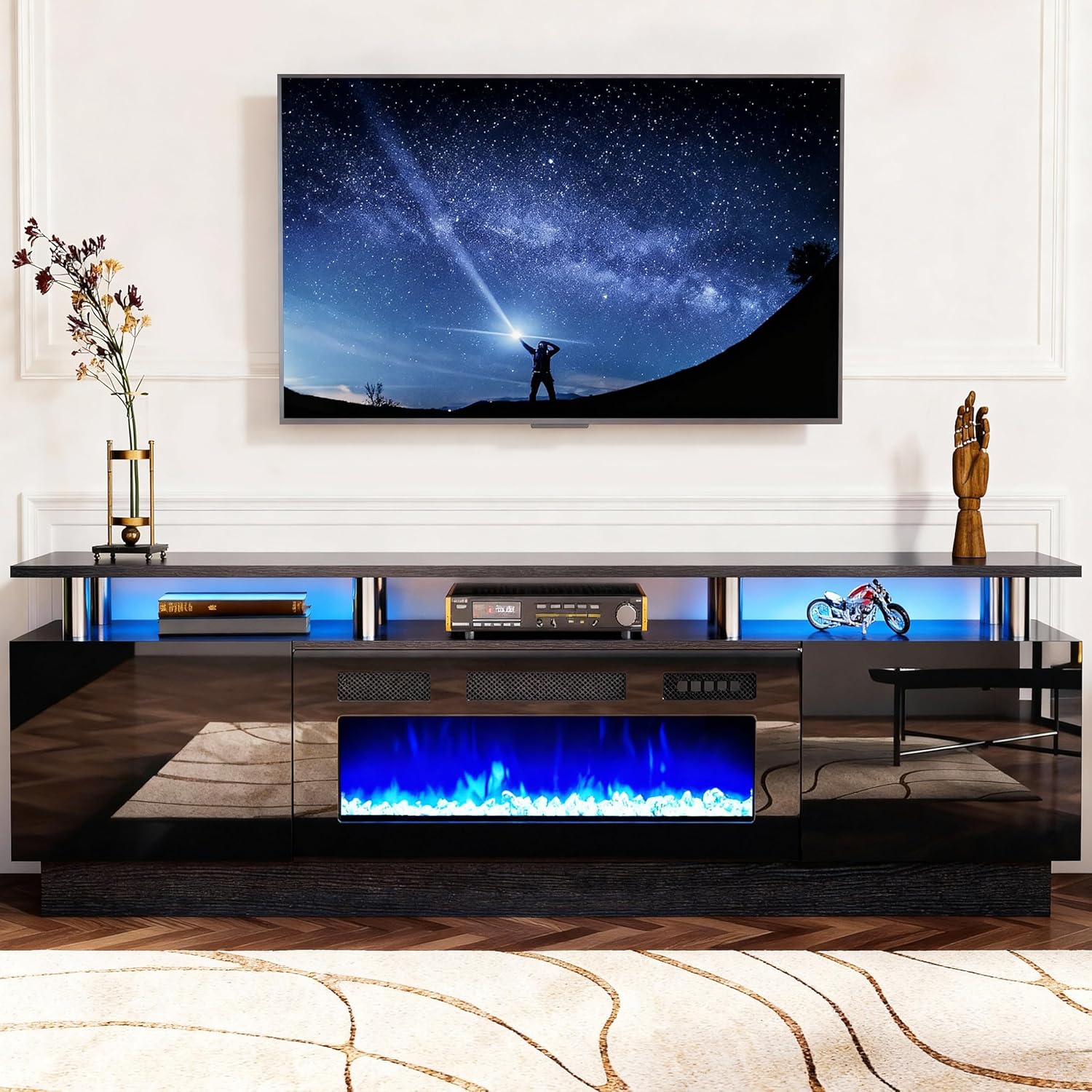 oneinmil 2 Tier TV Console Stand with 36 Electric Fireplace, LED Light Entertainment Center for TVs Up to 80 for The Living Room, 70, Black