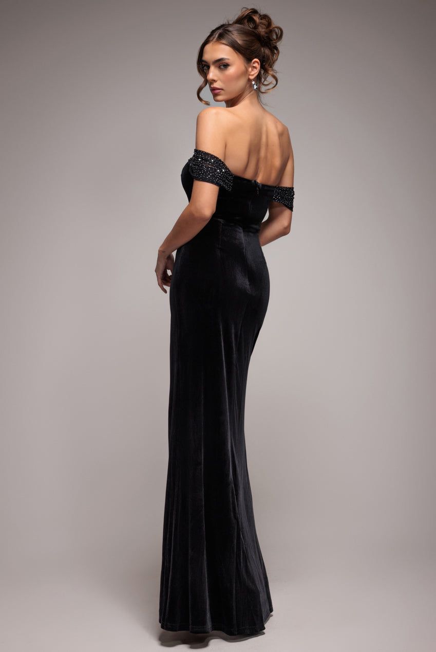 Goddiva Off Shoulder Hotfix Diamante Wing Velvet Maxi Dress