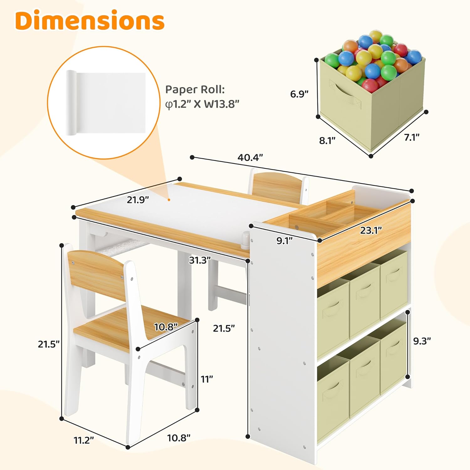 GITAWUSA Kids Art Table and Chairs, Wooden Kids Craft Table and Chairs with Storage Bins and Paper Roll, Toddler Activity Play Desk for Drawing/Learning/Read, Toddler Table and Chair Set for Boy/Girl