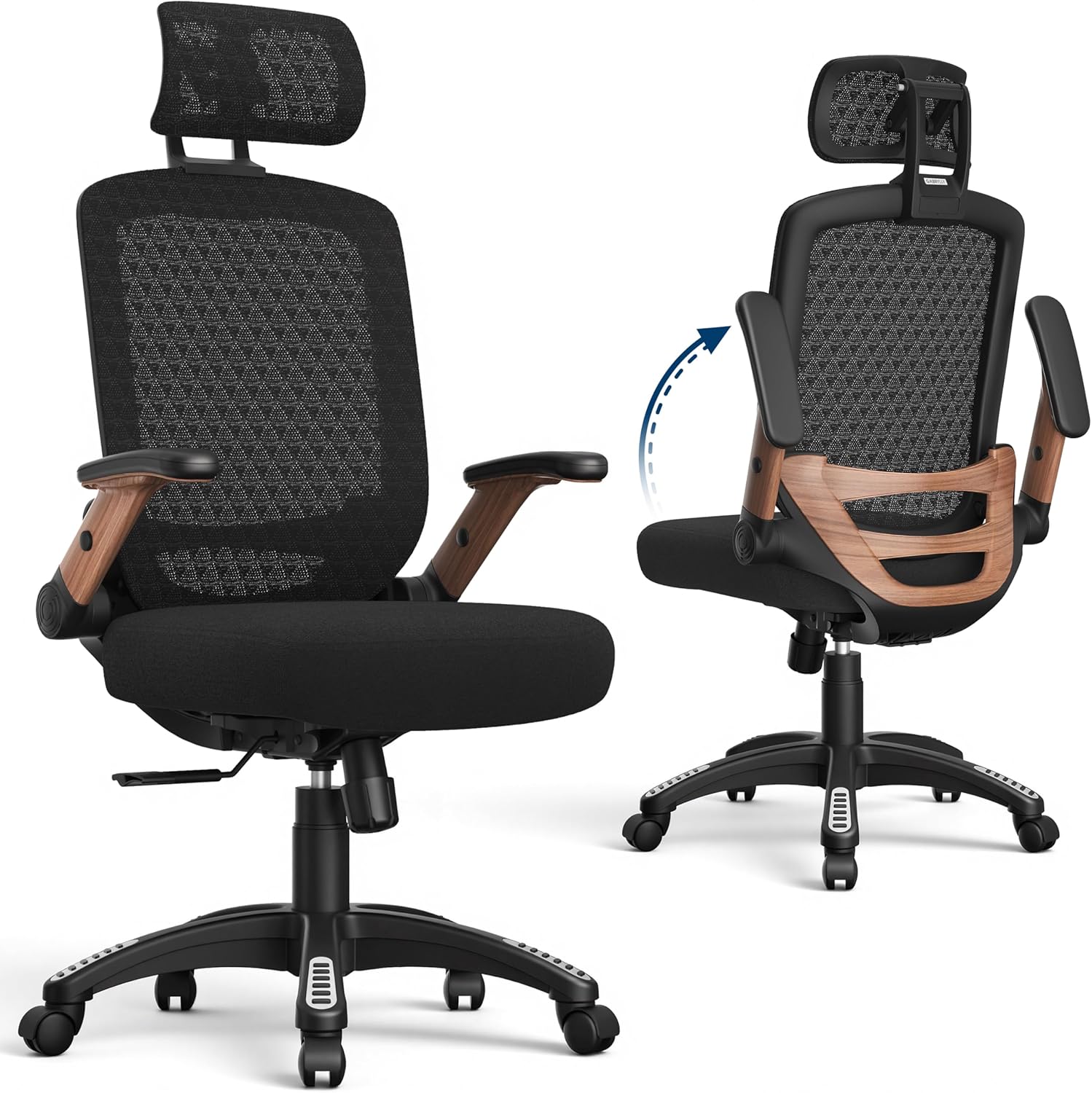 GABRYLLY Ergonomic Office Chair, High Back Home Desk Chair with Flip-Up Arms, 3D Headrest, Thick Sponge Seat &90-120° Recline, Big and Tall Mesh Executive Chairs for Man Woman, Black Woodgrain