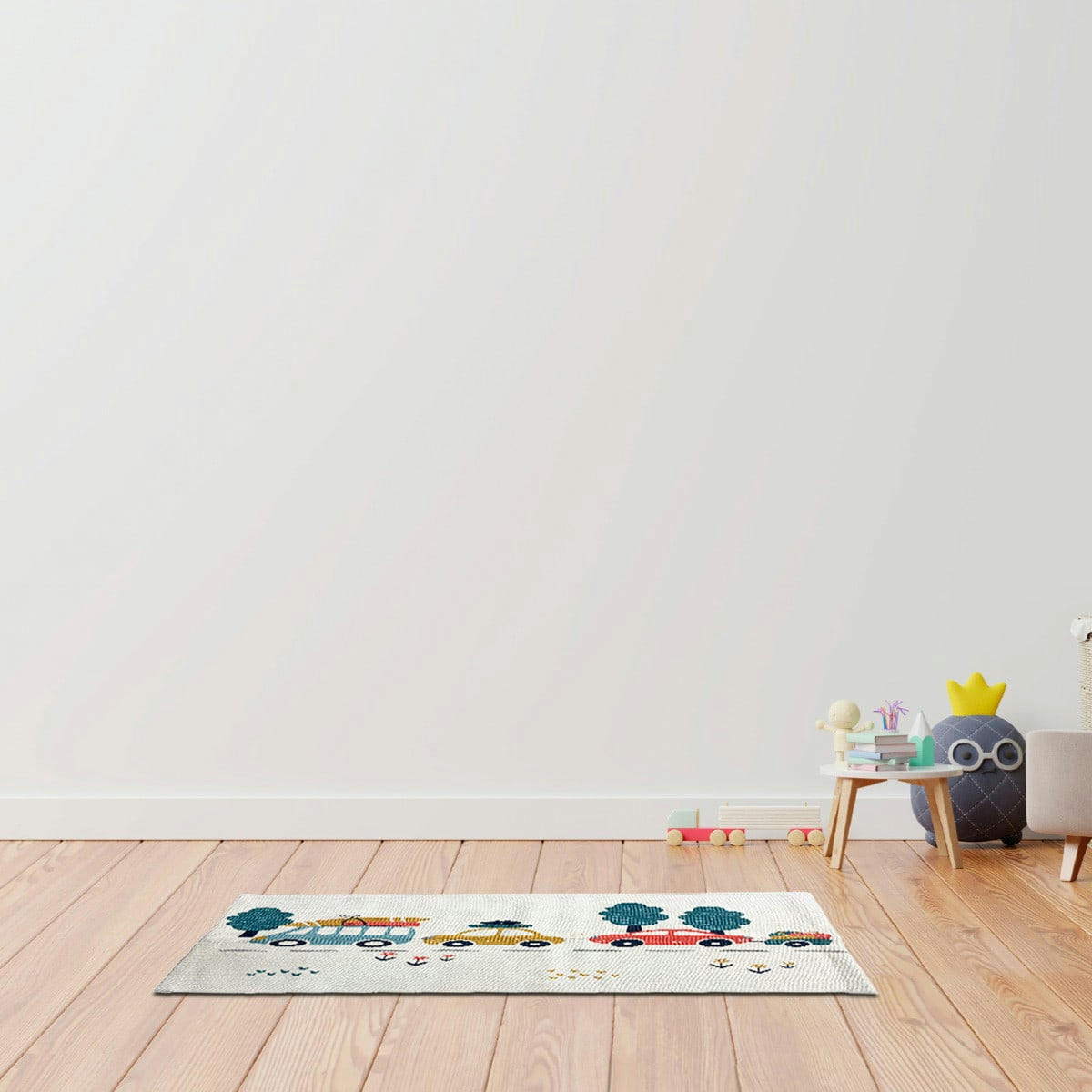 VEHICULES - Tapis enfant en canva imprimé blanc 60x90cm