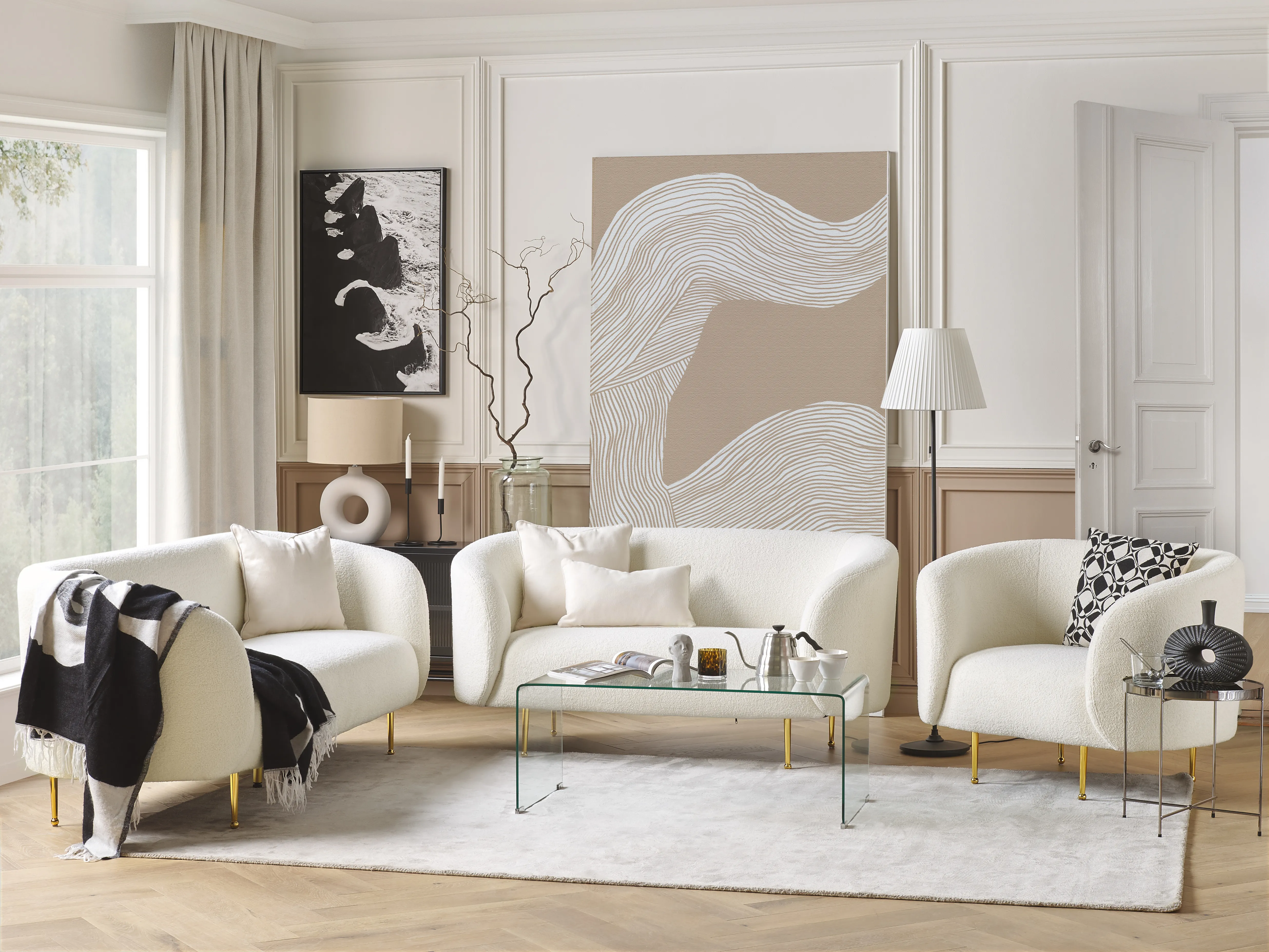 Living Room Set 6 Seater LOEN Boucle White