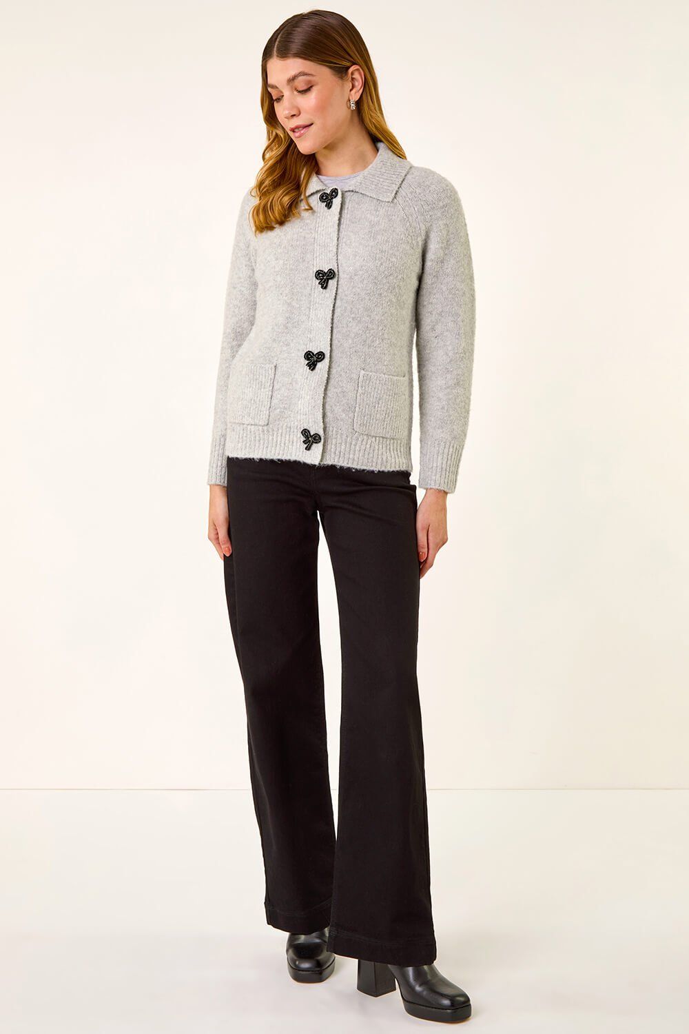 Roman Bow Buttoned Collared Cardigan