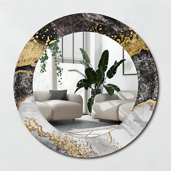 Miroir Rond Cadre Imprimé Design Wallfluent fi50 cm Loft En Marbre Tendance Boho Minimaliste Sans Joint