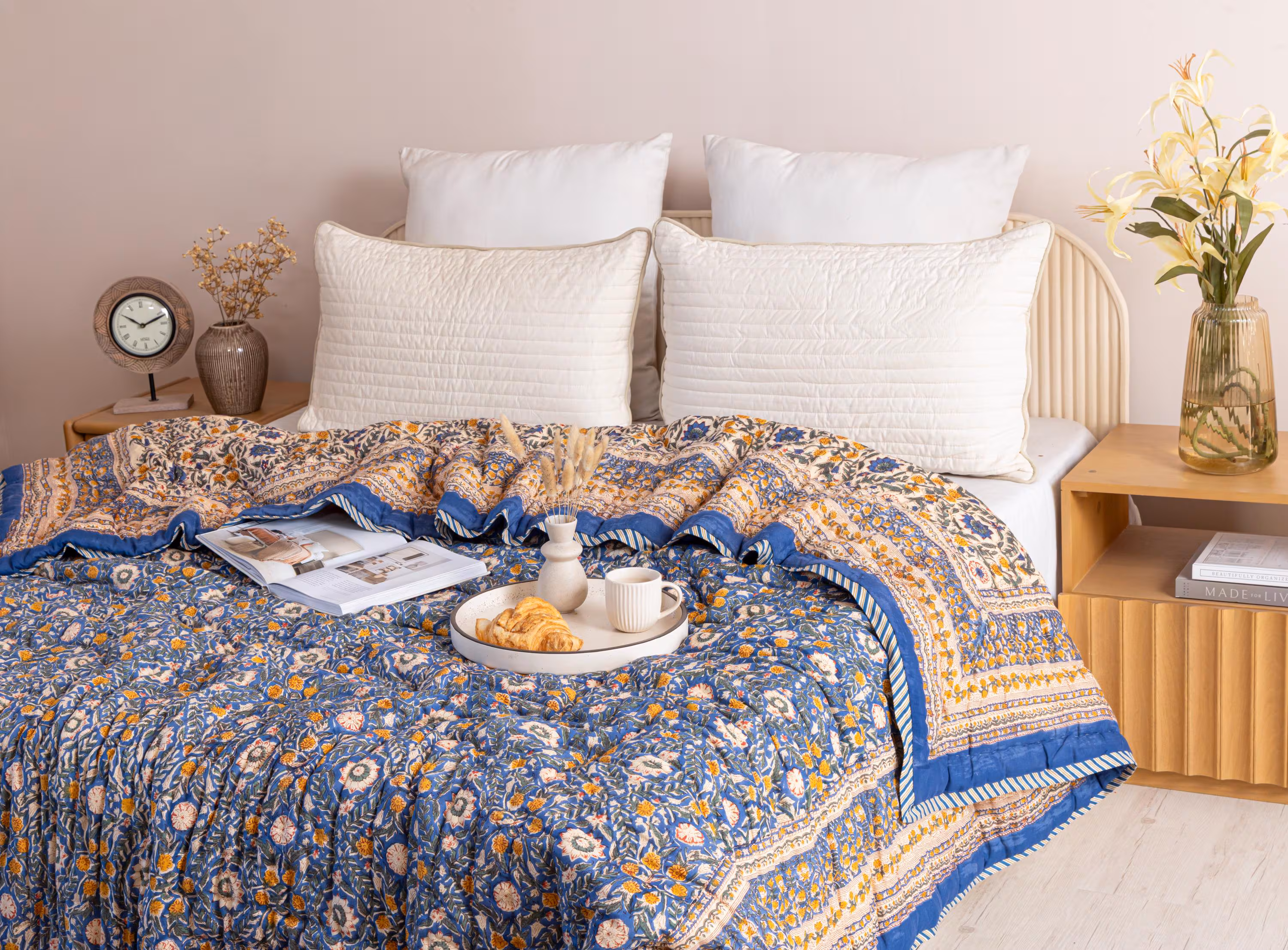 Deep Blue & Golden Ochre Block Printed Quilt, Floral Cotton Bedspread, Farmhouse Bedding, Luxury Home Decor, Reversible Cotton Quilt