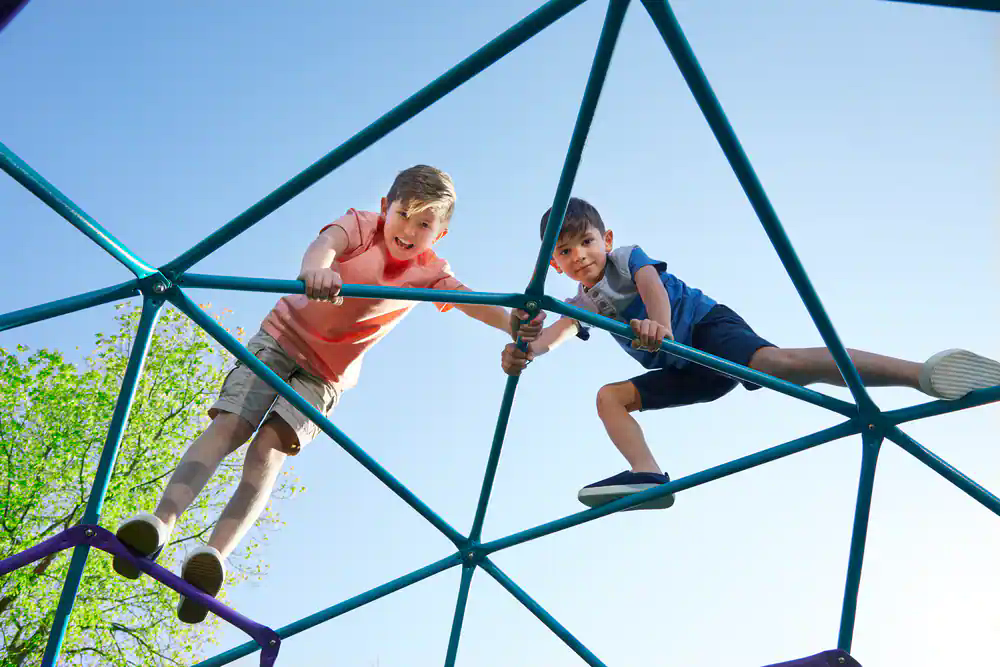 Plum® Phobos™ Outdoor Metal Dome Climbing Frame, 108-in x 108-in x 53-in, Kids Ages 3+, Purple/Blue