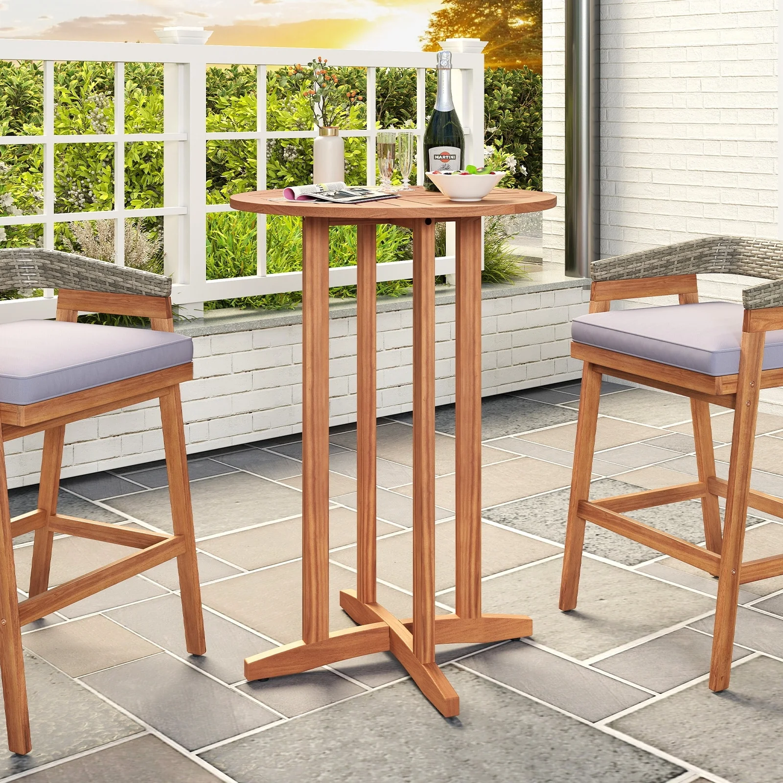 Natural Acacia Wood Outdoor Bar Table 28 Round Slatted Top with Adjustable Feet - 28 L X 28 W x 39 H
