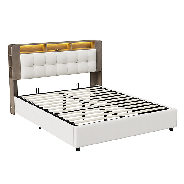 Lit Flottant,160x200 CM, Cadre de Lit avec éclairage LED, Multiprise, Tête de lit avec Rangement, velours,Blanc