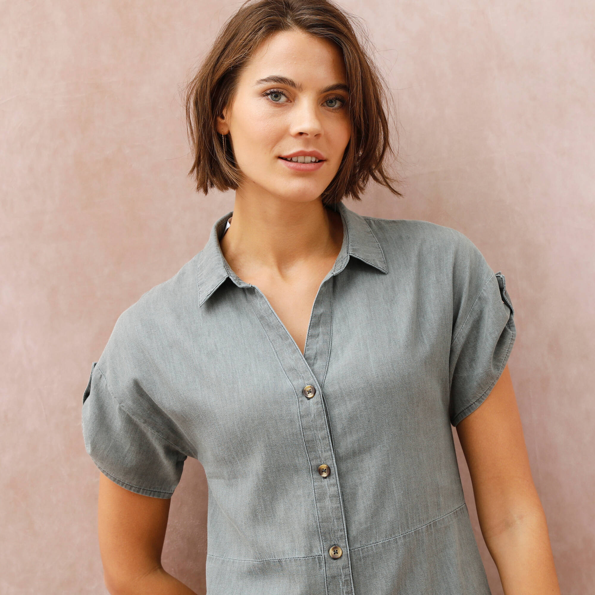 Robe-chemisier longue en jean, manches courtes