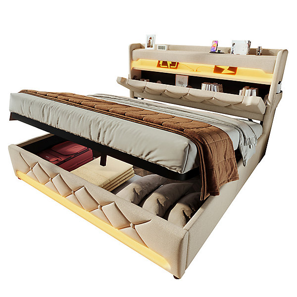 Lit rembourré hydraulique 140x200cm, lit double, espace de rangement en tête de lit avec port usb et type c, lin, beige