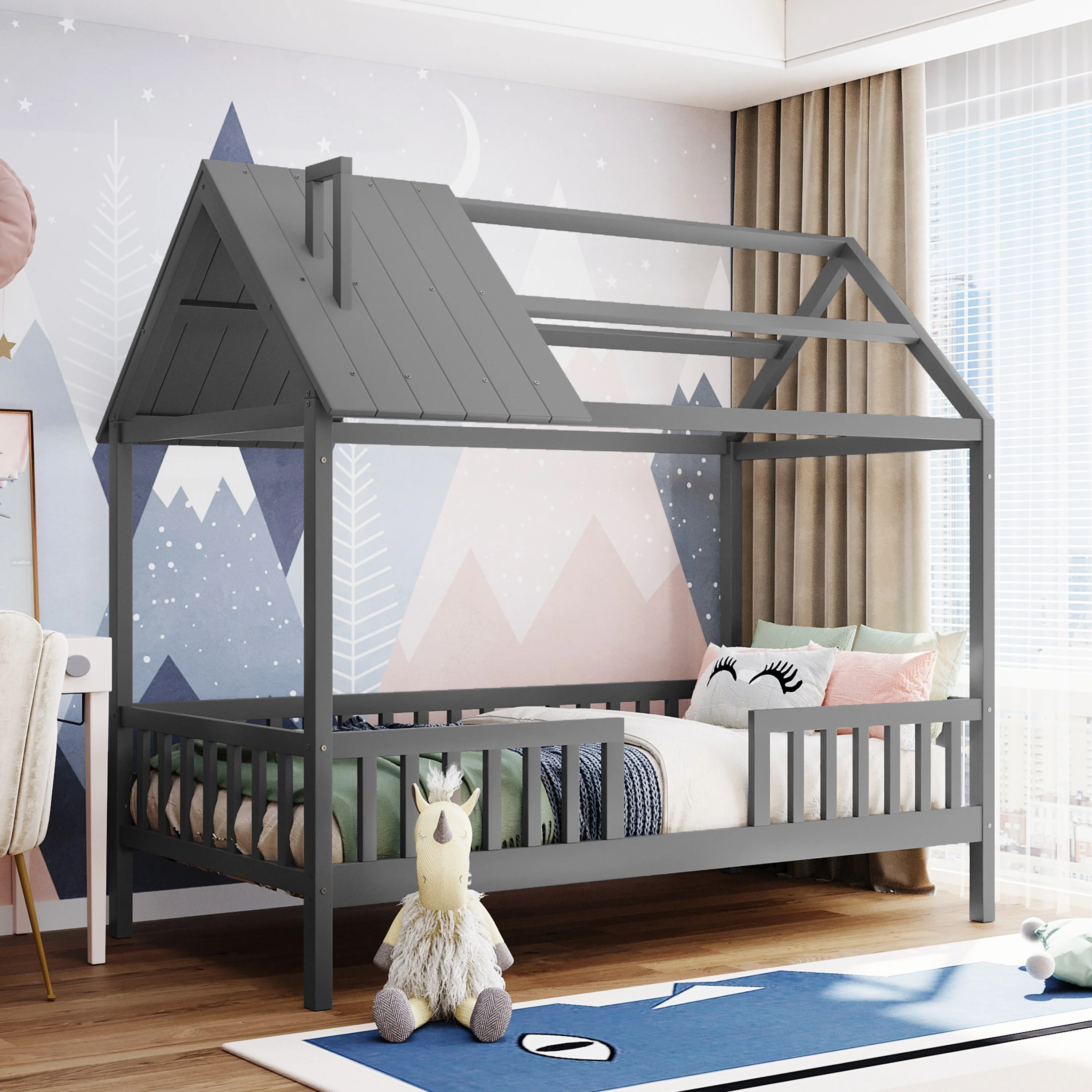 Twin Size Wood House Bed with Roof, Fence, and Chimney, Sturdy Pine Frame, Perfect for Kids' Bedrooms
