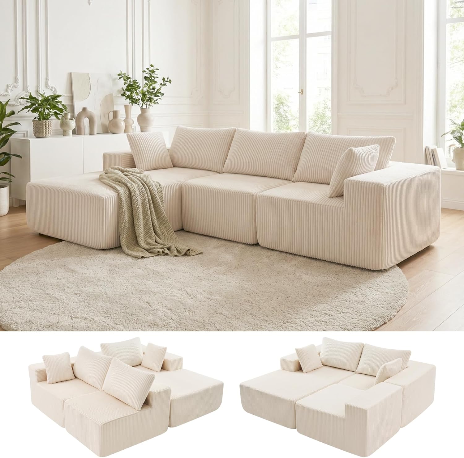 DUMOS 108 Boneless Couch, Cloud Sectional Couch with L-Shape Chaise, Modular Sectional Sofa with Deep Seat, Upholstered Couch for Living Room Bedroom, No Assembly Required (Beige, Left Facing Chaise)