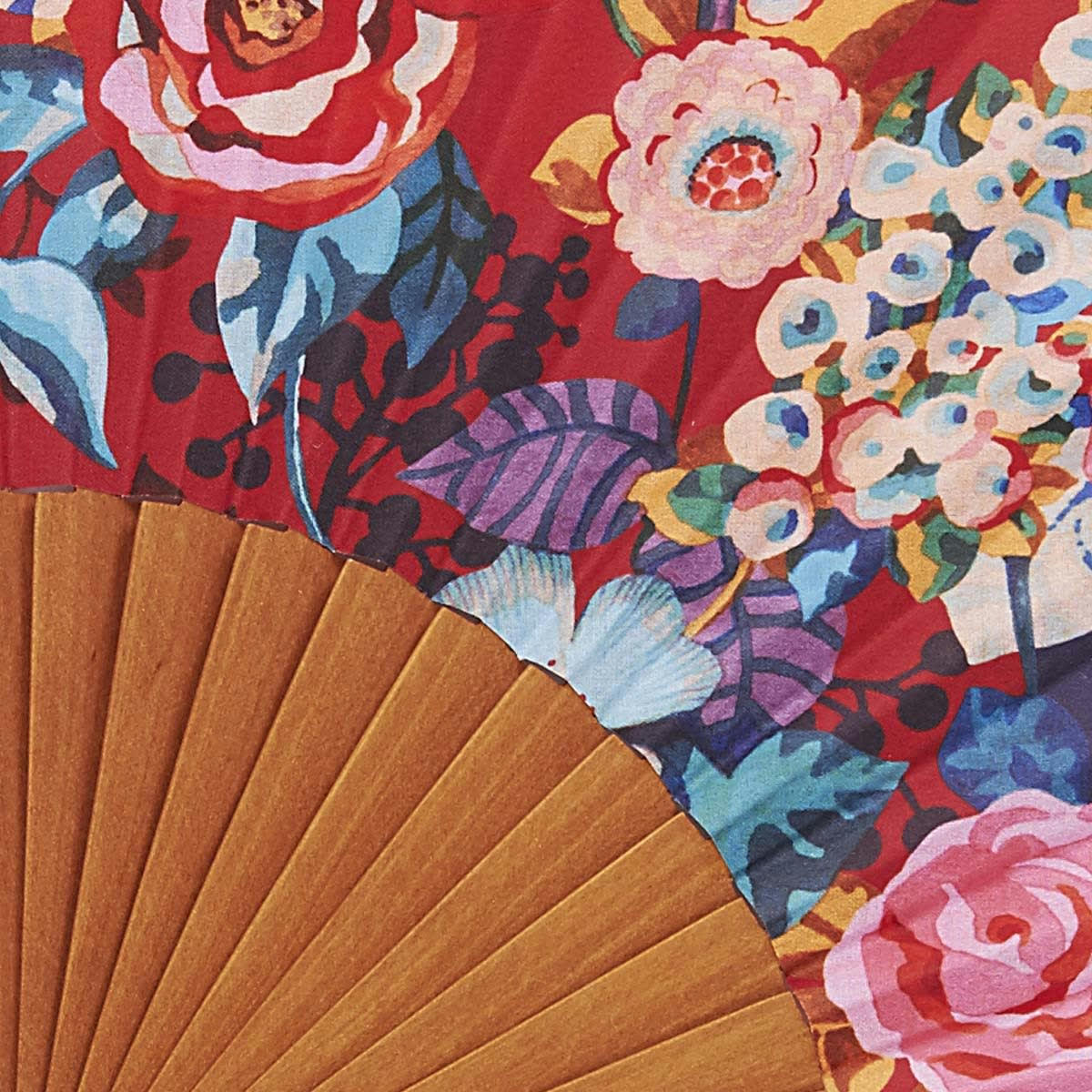 - Éventail en bois de merisier et coton motif fleuri
