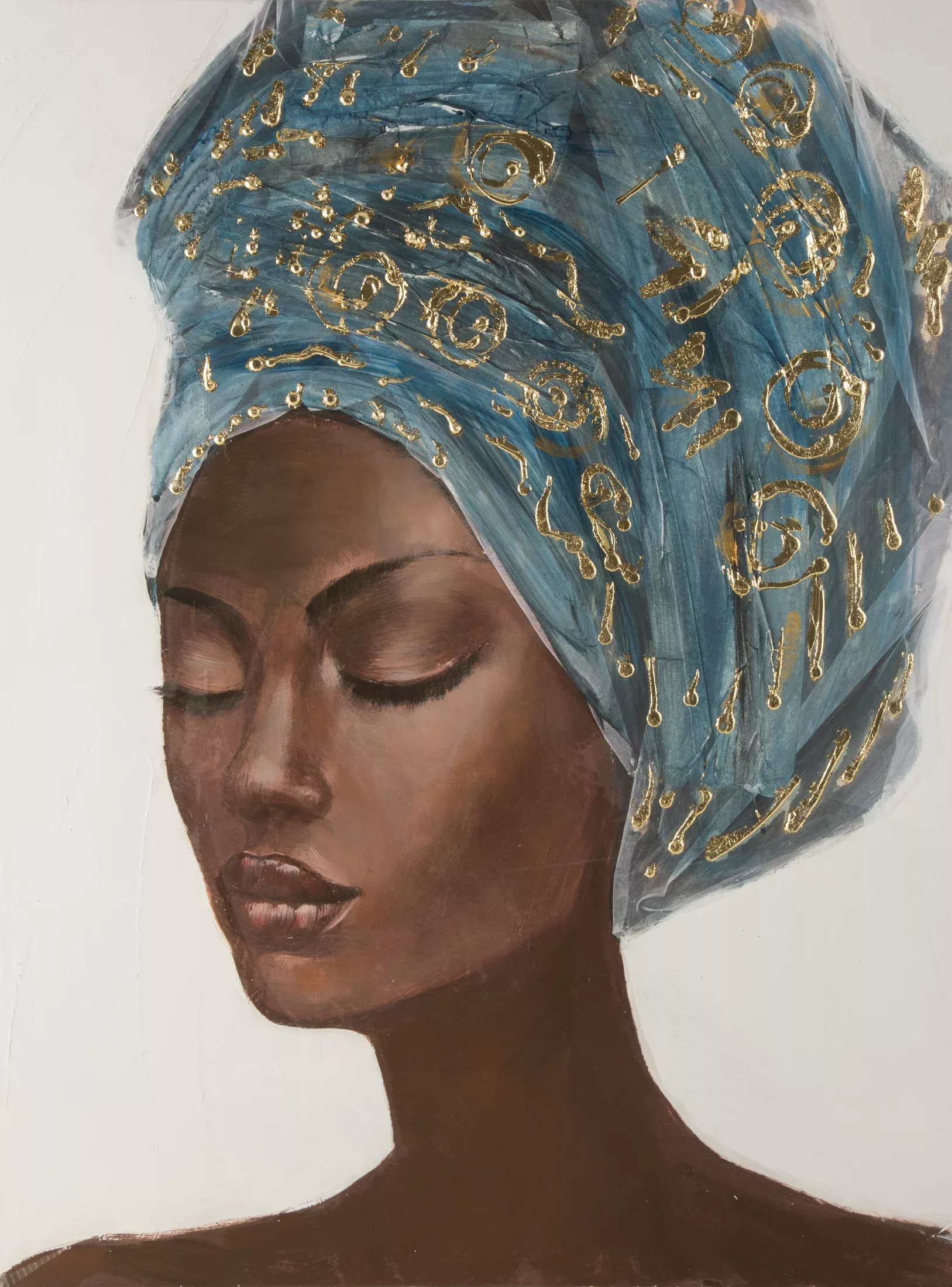 Obraz postaci beżowo, niebieski ręcznie malowany na płótnie portret kobiety w turbanie 60x80 cm BEAUTY 2