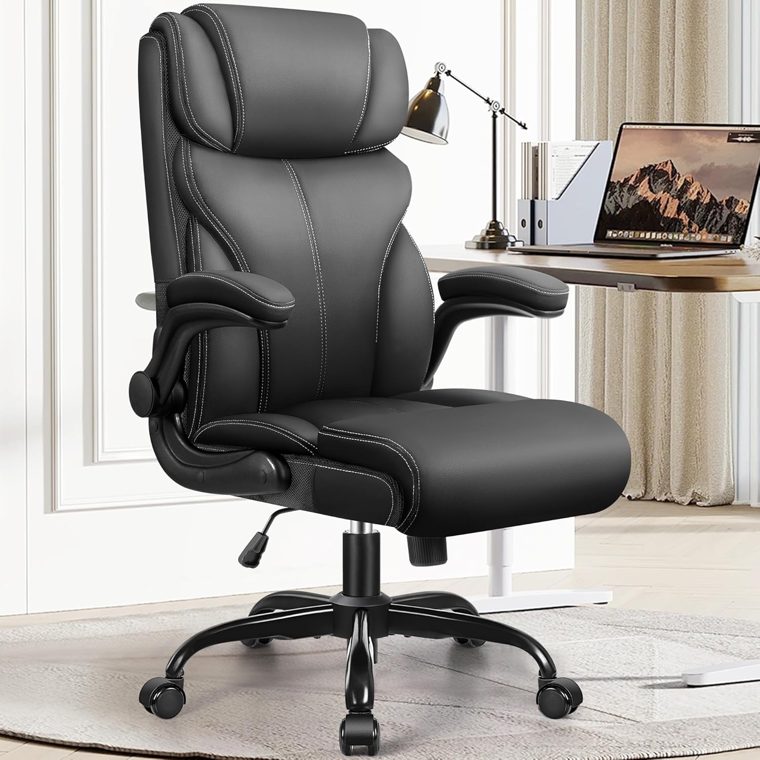 HeroSet Office Chair, Ergonomic Big and Tall Computer Desk Chairs, Executive Breathable Leather Chair with Adjustable Flip-up Armrests, Lumbar Support Swivel PC Chair with Rocking Function