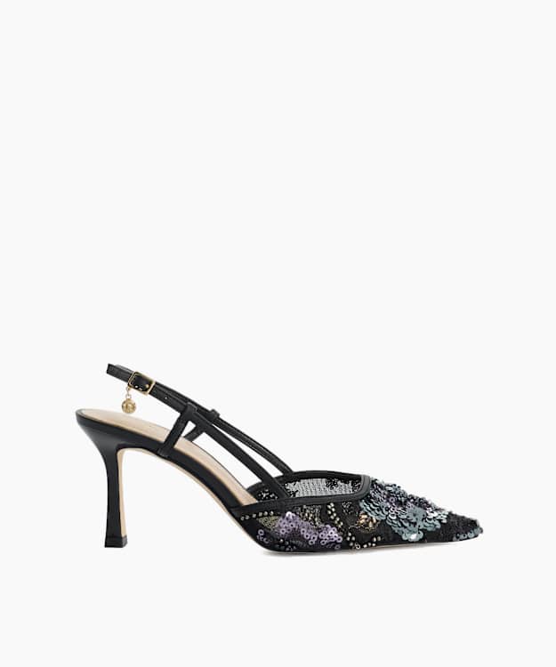 Composure Black - Pointed Mid Heel Slingback Heels