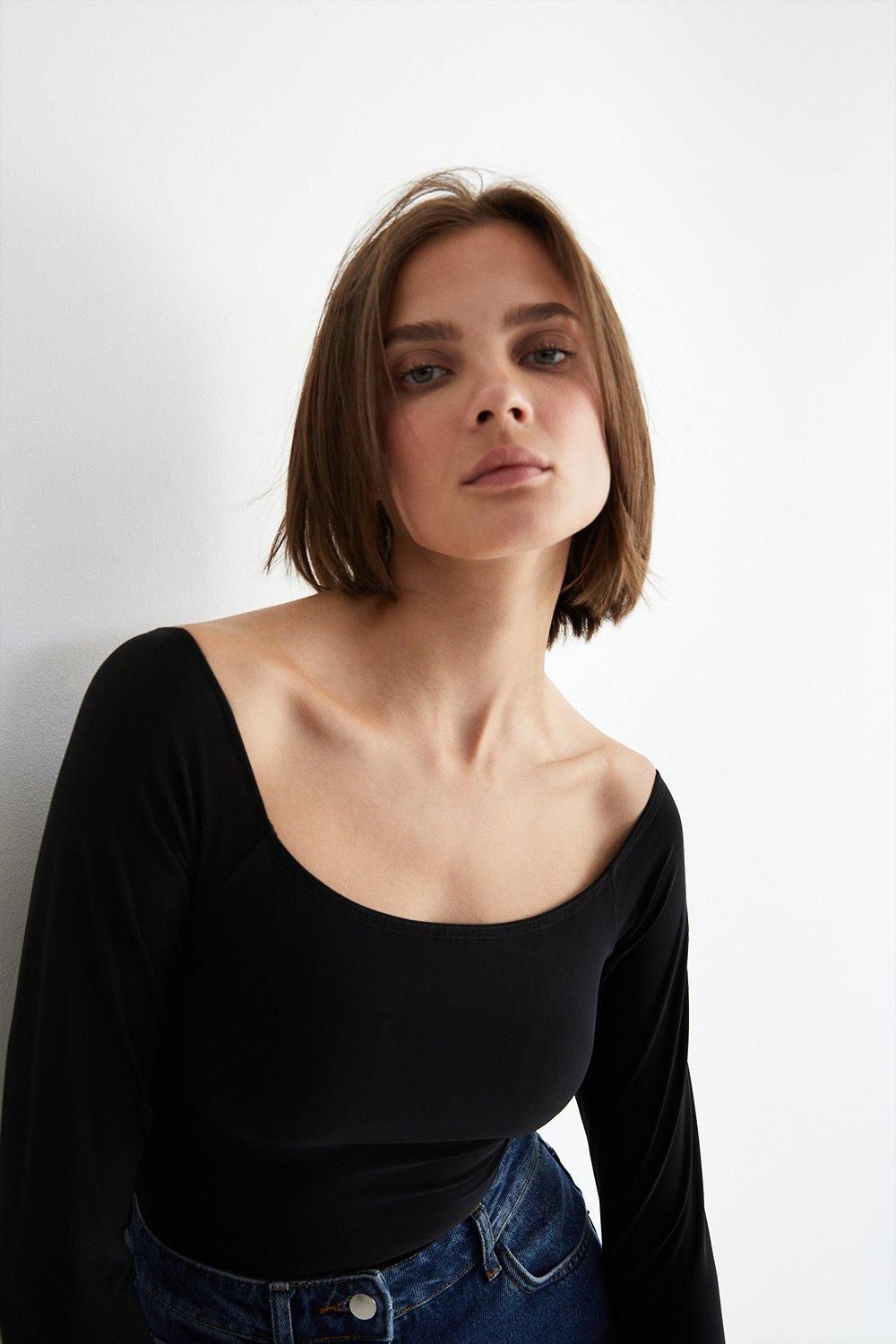 Warehouse Premium Slinky Double Layer Bardot Bodysuit