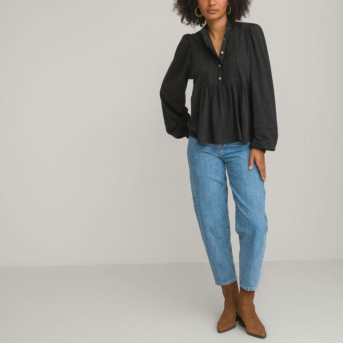 T-shirt col victorien, manches longues