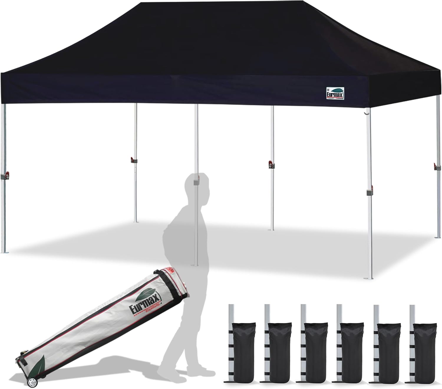 Eurmax USA 10'x20' Pop Up Canopy Tent Commercial Instant Canopies with Heavy Duty Roller Bag Bonus 6 Sand Weights Bags (Black)