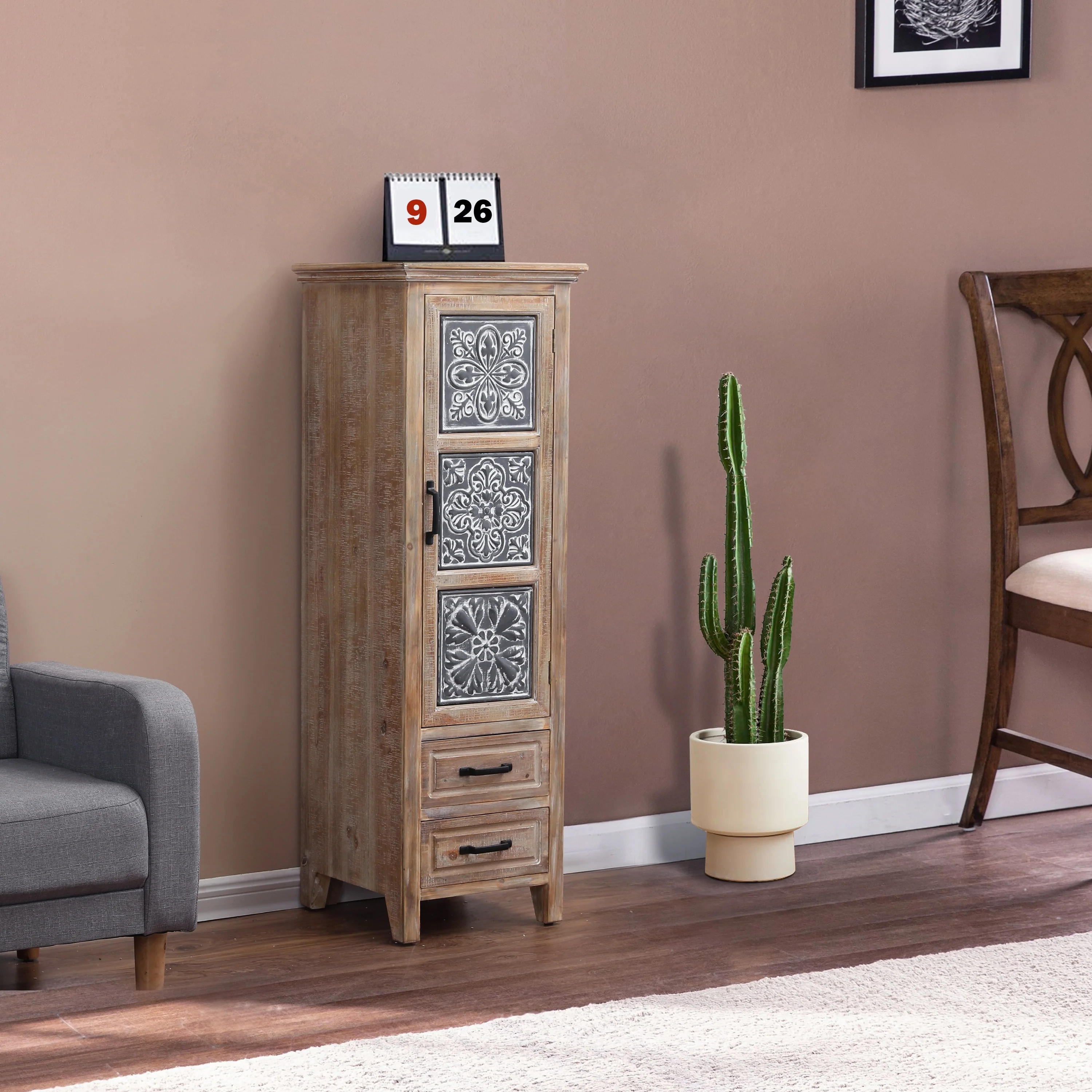 Rustic Wood 2-Drawer 1-Door Slim Storage Cabinet - 48.23 Tall