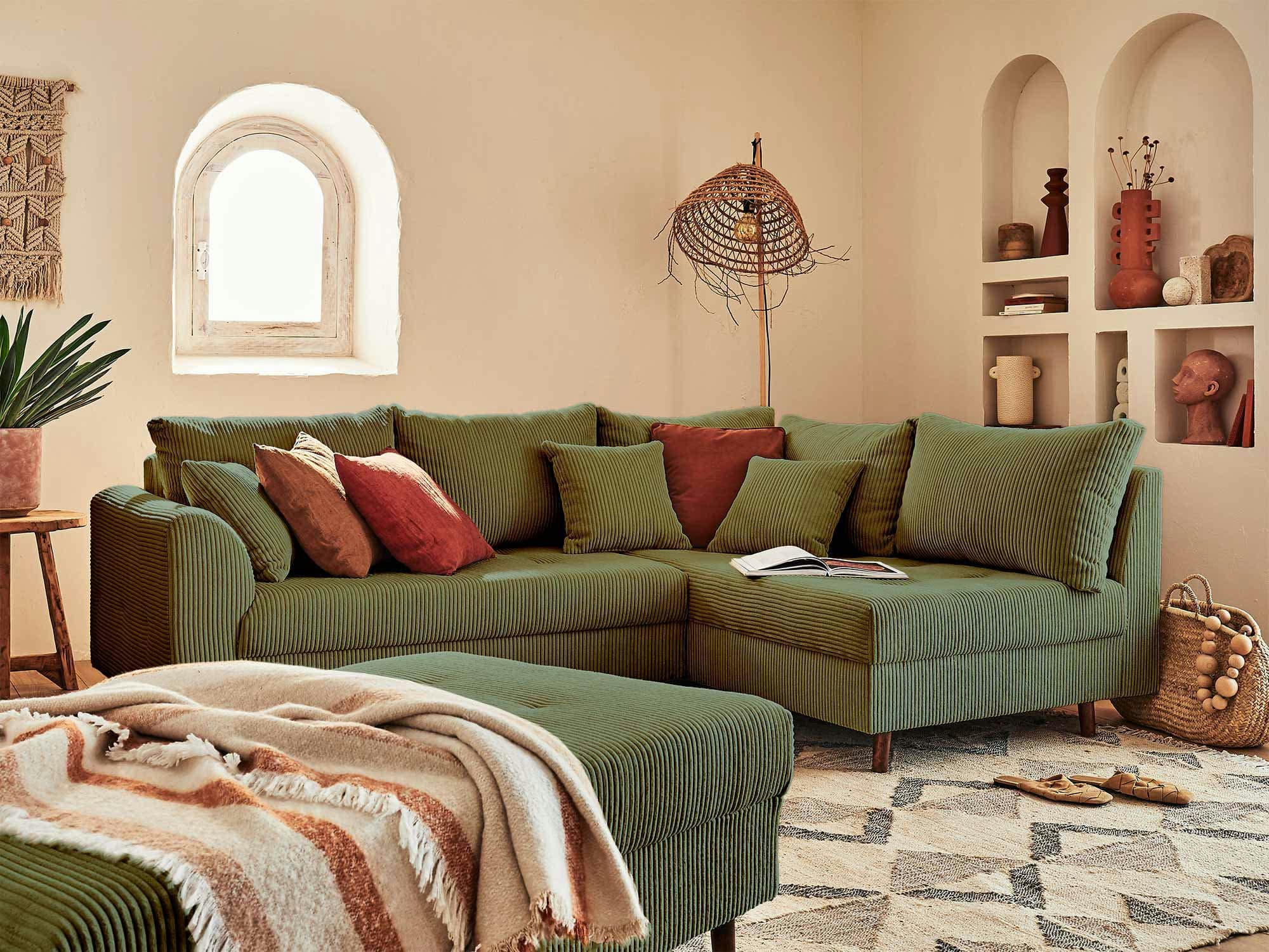 RUNE - Canapé d'angle droit convertible 4 places en velours côtelé vert