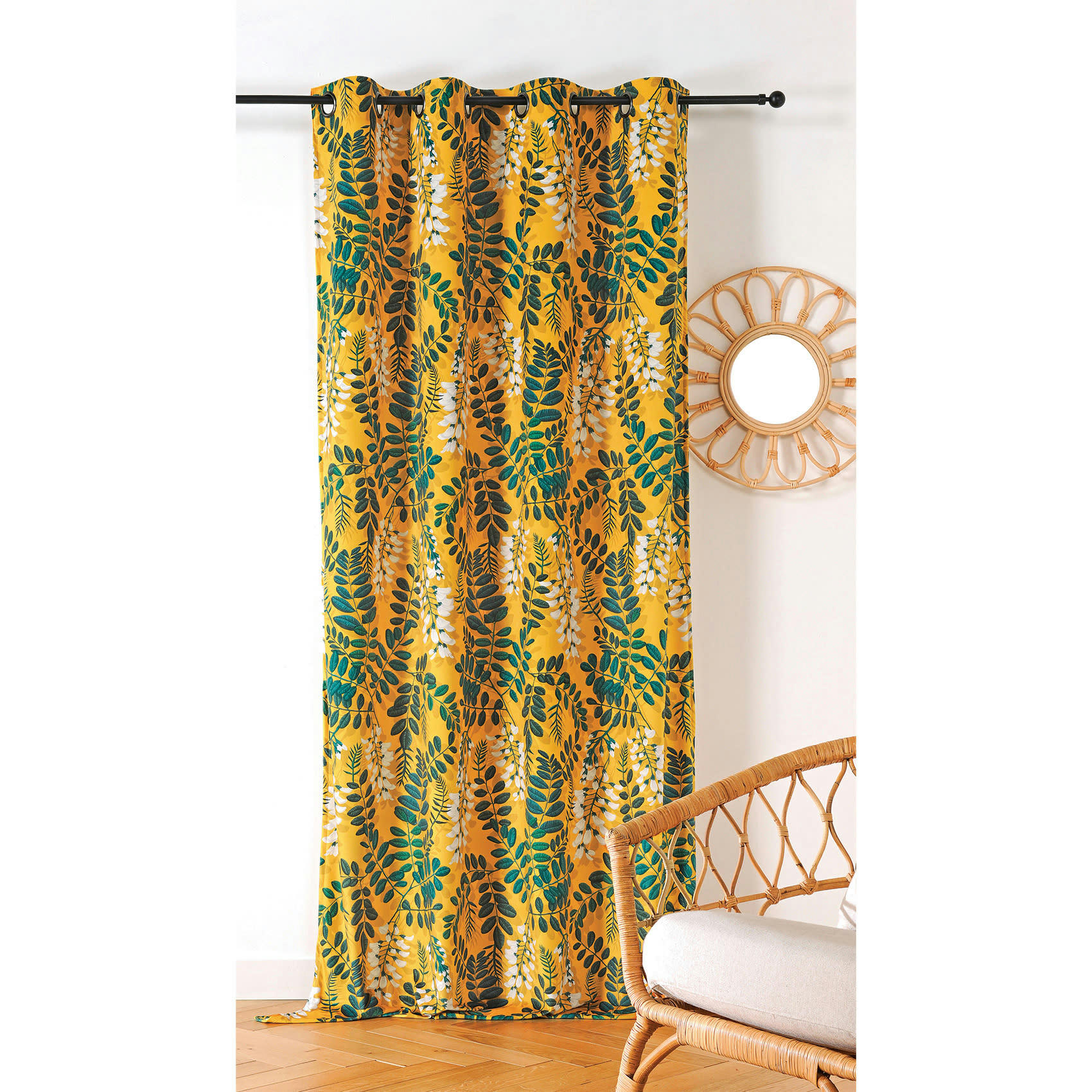 - Rideau d'ameublement aux feuilles d'acacia polyester jaune 145x270 cm