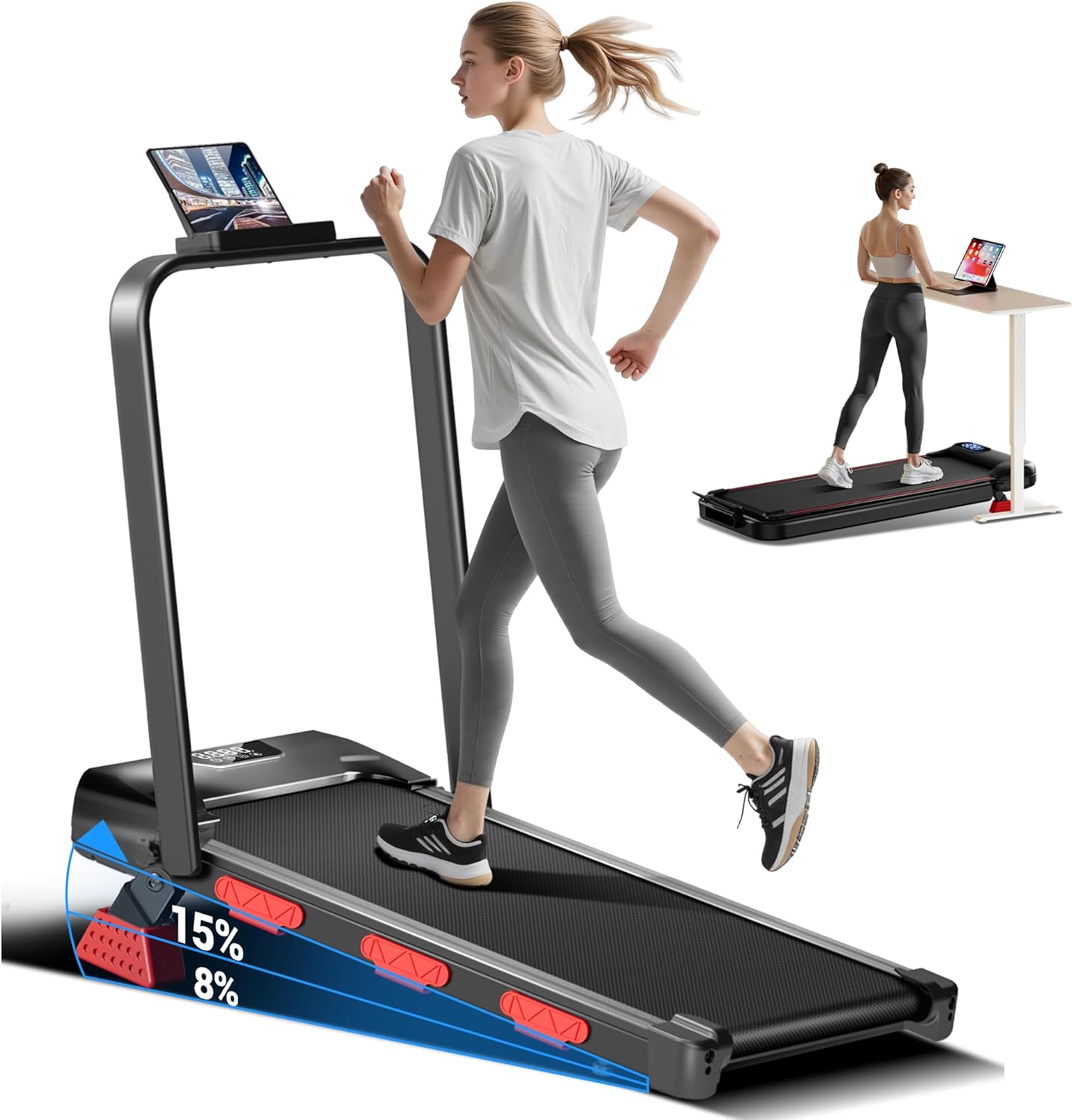 Walking Pad with 15% Incline 2.5HP Foldable Walking Pad with Handle Bar 0.6-6.2MPH Under Desk Compact Treadmills for Home 300LBS with Romote Control
