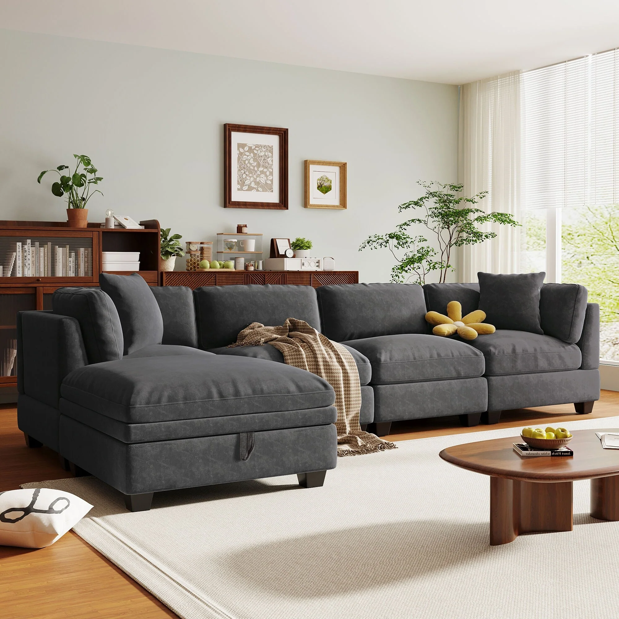 Upholstered Modular Sofa Tufted Couch with Removable Storage Ottoman and 2 Hidden Cup Holders, Sectional Sofa Living Room