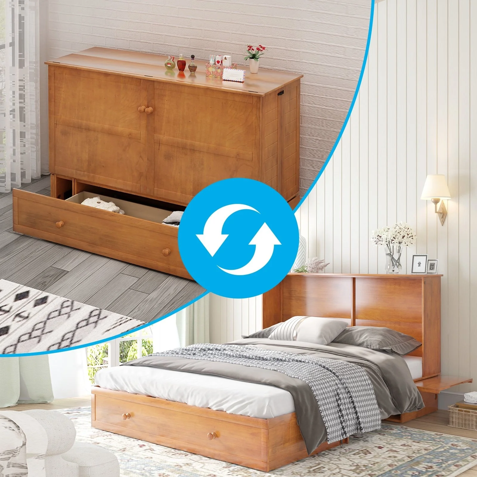 Mixoy Murphy Bed with Mattress,Cube Foldable Cabinet Bed with Charging Station