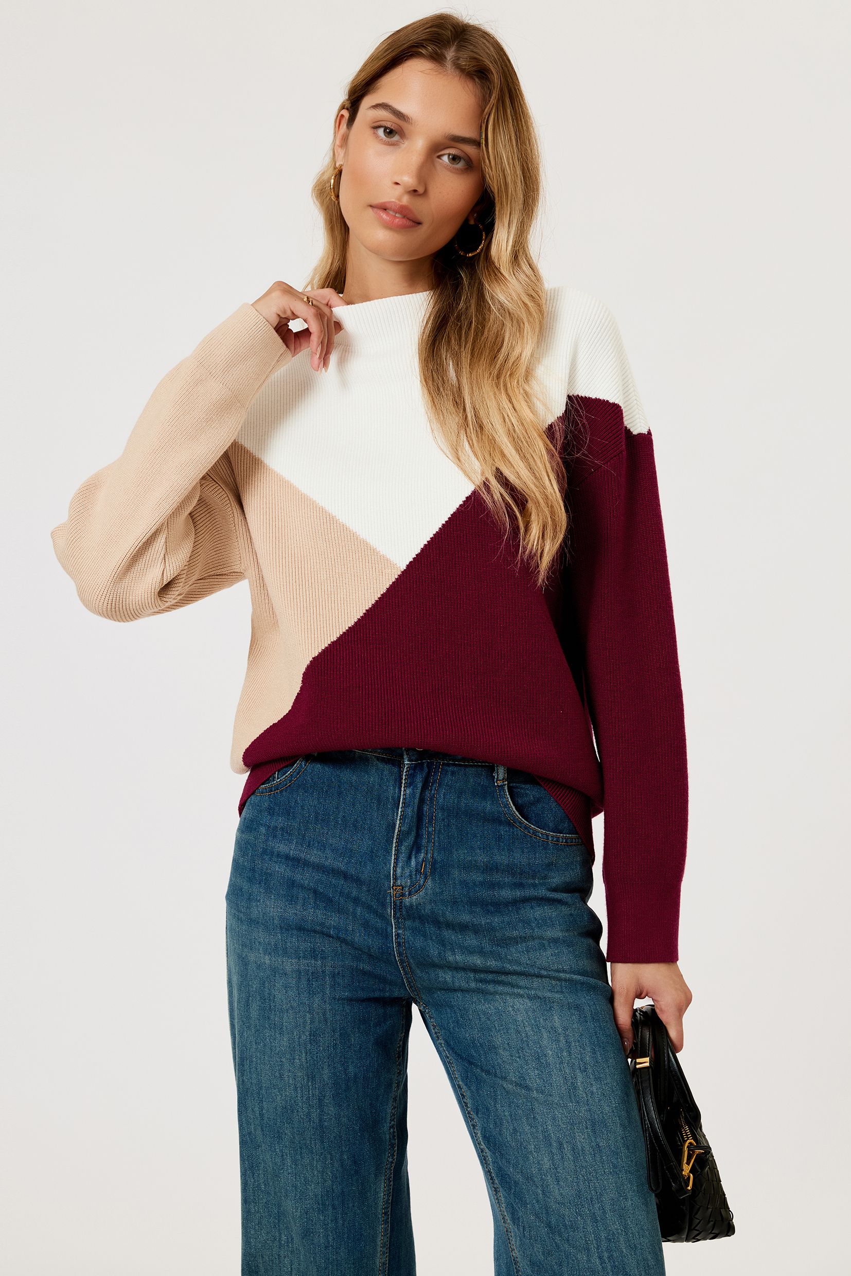 FS Collection Colour Block Jumper Top In Camel & Wine & White