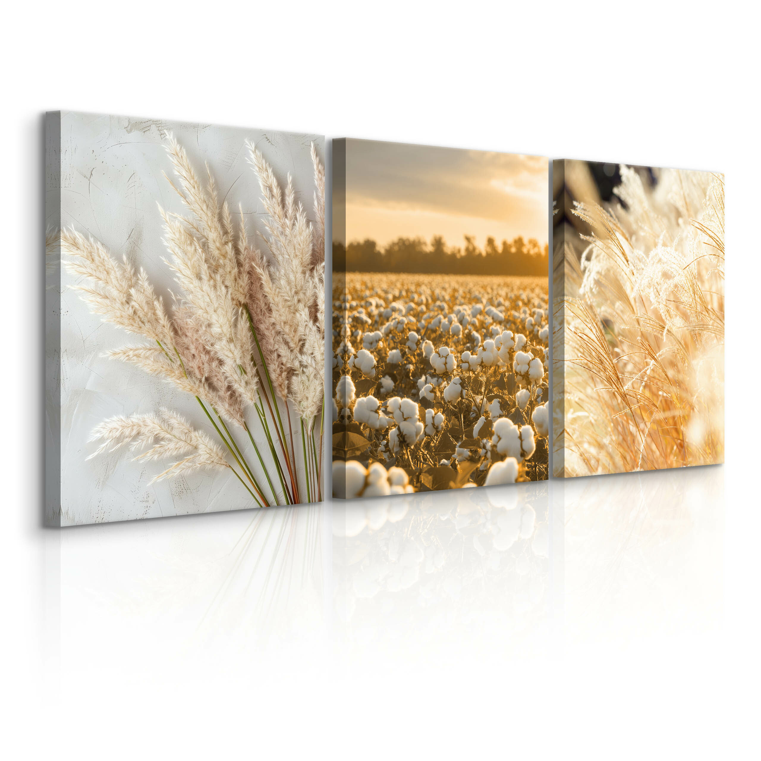 3x Obraz Set Pejzaż Zachód Słońca Trawy Bawełna Styl Boho 30x40cm