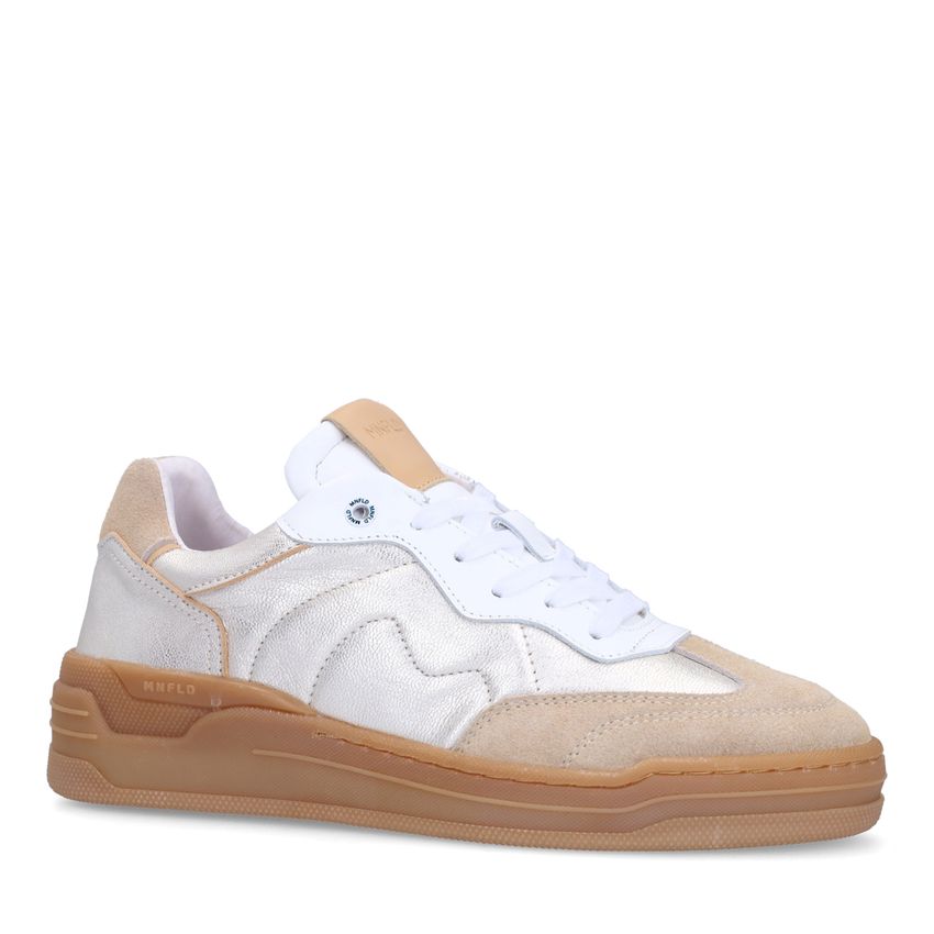 Manfield Zilveren leren sneakers met beige suède details