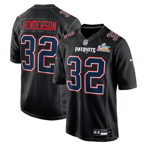 Men's New England Patriots TreVeyon Henderson Nike Black Super Bowl LX Patch Carbon Fashion Game Jersey
