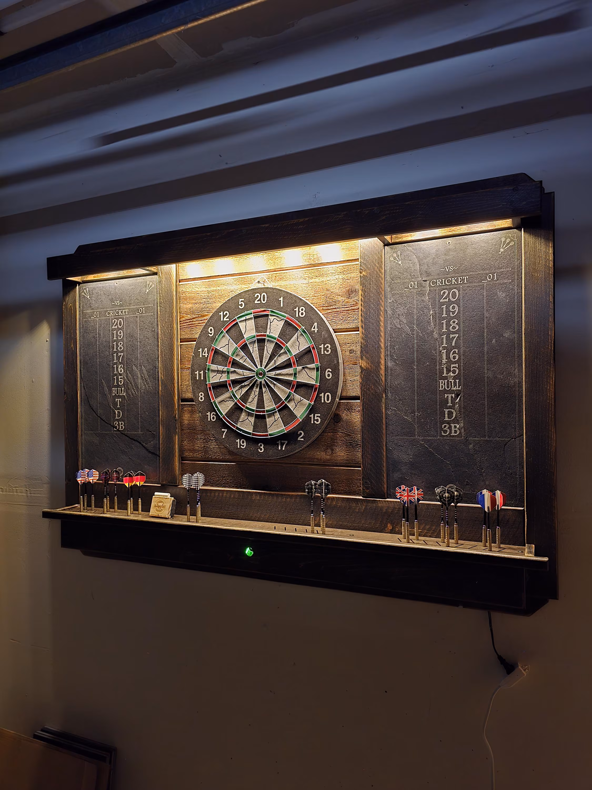 Deluxe Dartboard Cabinet with Dual Slate chalkboards and LED Lights 55x38!