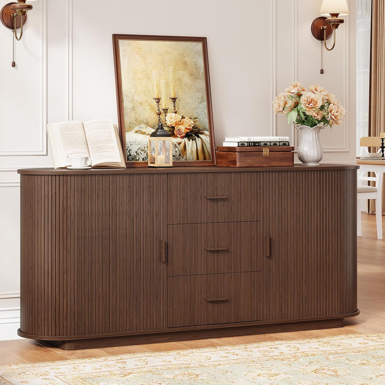 ONBRILL 63 Fluted Sideboard Buffet Cabinet with 3 Drawers & 2 Doors, Mid-Century Modern Buffet Sideboard Cabinet with Storage, Coffee Bar Table with Adjustable Shelf for Kitchen, Living Room, Walnut