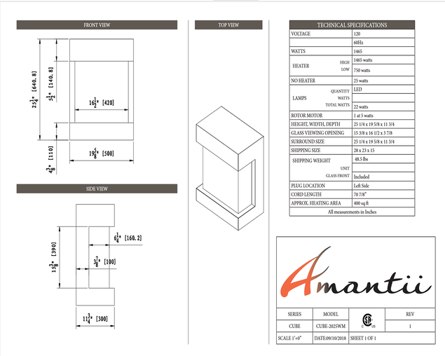 Amantii Smart 25" unit - 11 3/4" in depth 3 sided glass fireplace