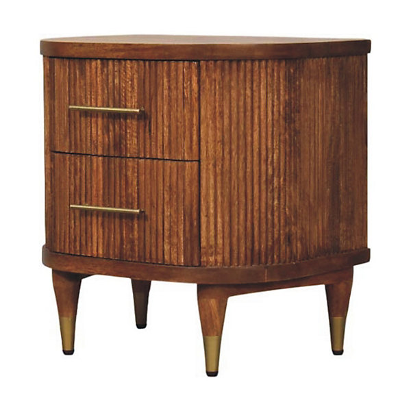 Artisan Furniture Bois massif rainuré table de chevet avec détails en laiton, 2 tiroirs, marron