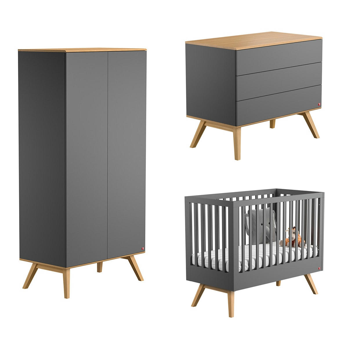 TRIO - NATURE - Chambre bébé : Trio - lit bébé 60x120 commode armoire gris
