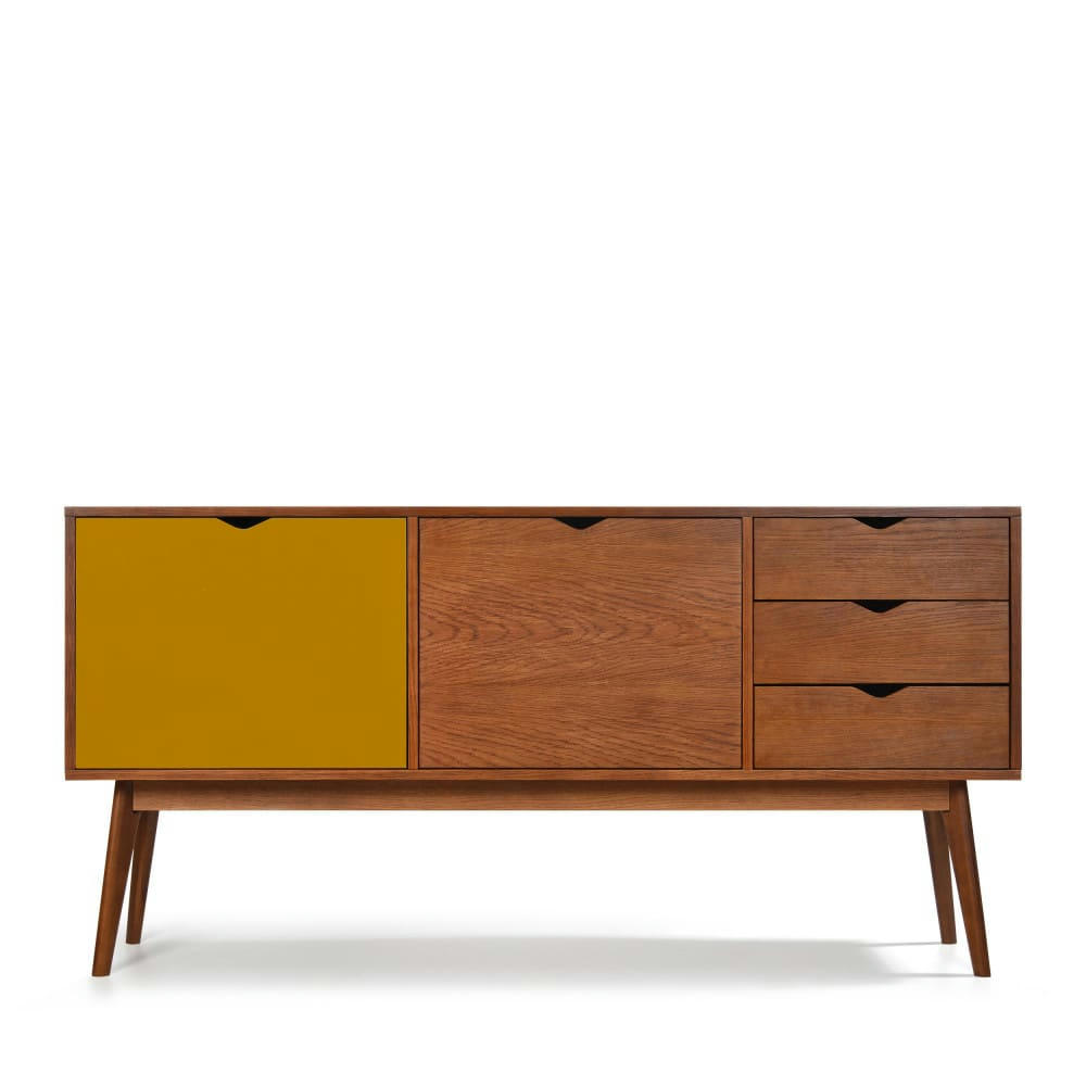 STRÖM - Buffet design 2 portes 3 tiroirs teinté noyer L170 cm porte ocre