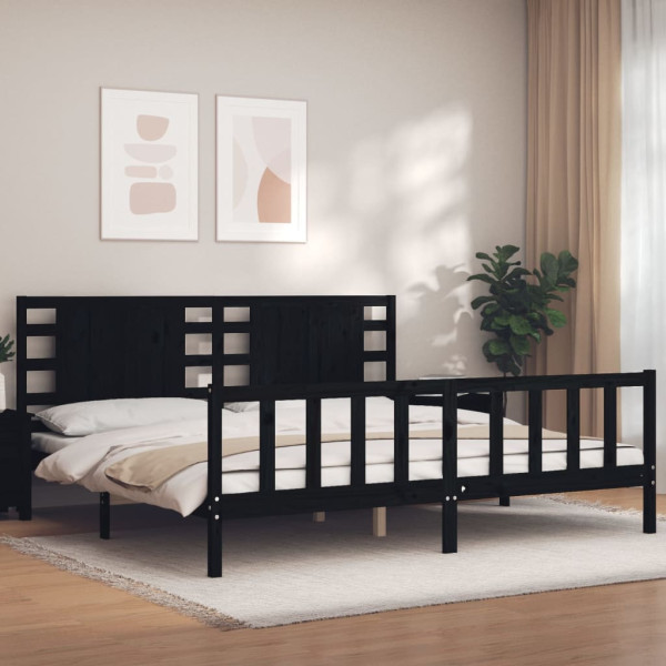 Rama łóżka z wezgłowiem czarna 200x200 cm lite drewno
