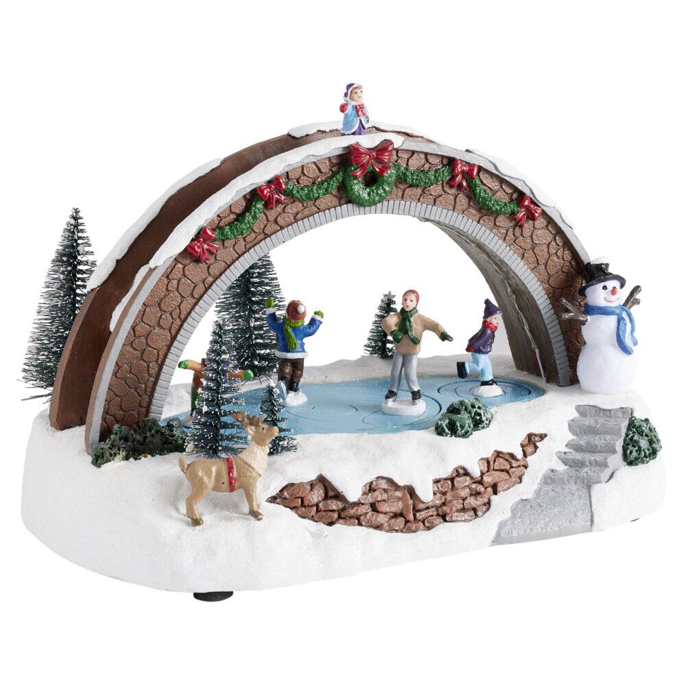 Village de No&euml;l animé LED scène lac et pont 26,5x16xH18,5cm