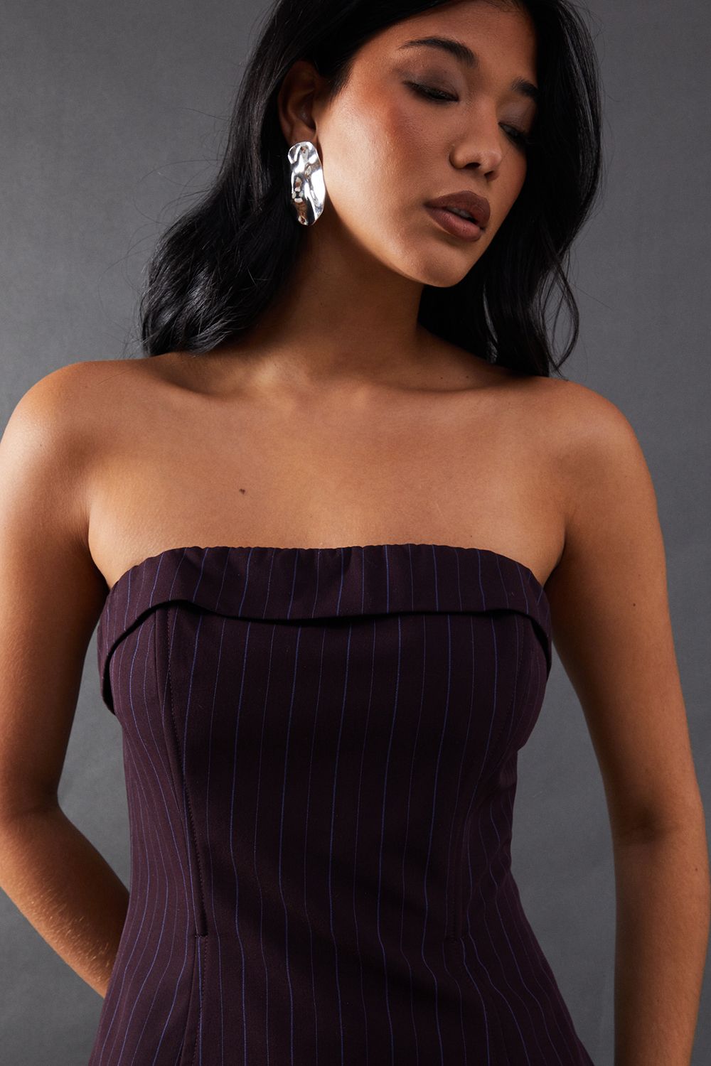 Warehouse Premium Pinstripe Bandeau Fold Over Bandeau Top