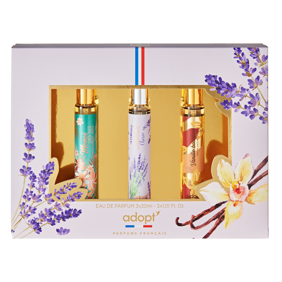 Trio SensorielCOFFRET 3 EAUX DE PARFUM VANILLE BOURBON 30ML   LAVANDE CHERI 30ML   MONOI DES ILES 30ML